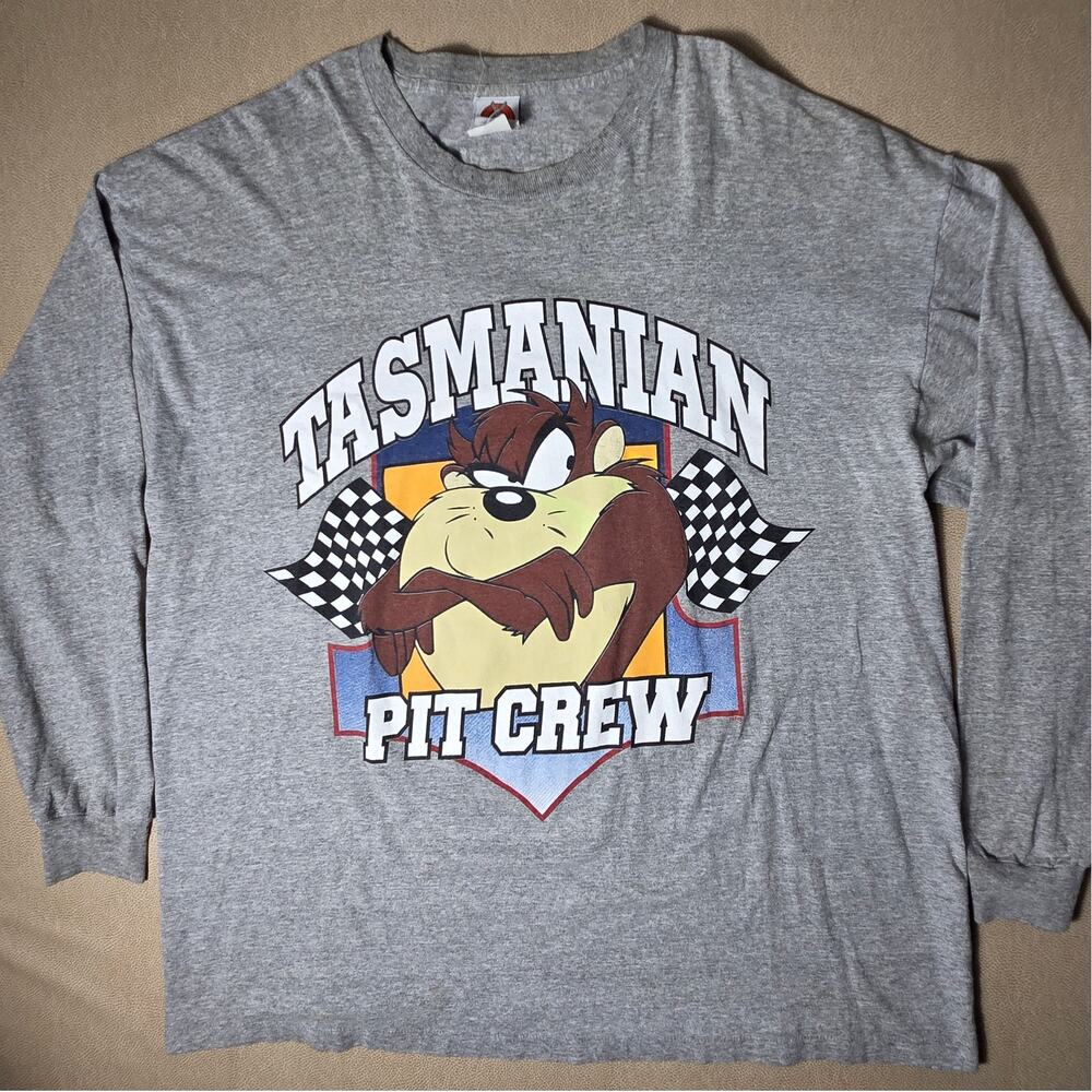 Vintage 90s Looney Tunes Tasmanian Devil Pit Crew Long Sleeve Shirt XL Gray